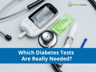 Stock pic of diabetes monitoring tests and text overlay on blue strip Which Diabetes Tests are Really needed?