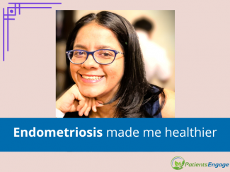 Profile pic of the author, a dark haired spectacled woman with the text Endometriosis made me healthier on a blue strip