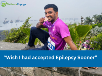 Picture of Deepesh, a young man in a pink tshirt biting a medal and text overlay I wish I had accepted Epilepsy Sooner 