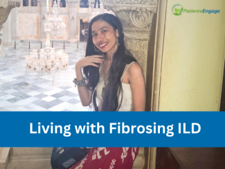 A young woman with Interstitial lung disease in a white top and red skirt using portable oxygen and text overlay Living with Fibrosing ILD