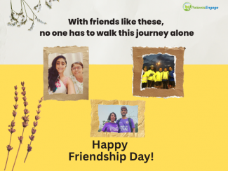 Three Pictures of people with friends and the title with friends like these no one has to walk this journey alone. Happy friendship day  