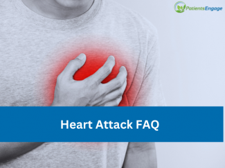 Stock pic of a person holding his heart in pain with text on blue strip overlay Heart Attack FAQ