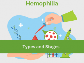 Graphic image signifying hemophilia with the text hemophilia and Types and Stages on green strip