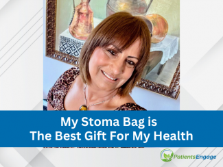 Pic of a Smiling Woman with the text overlay My Stoma Bag is The Best Gift For My Health