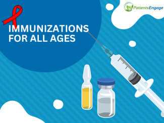 Stock pic that show vaccine supplies syringe, bottlesm a red ribbon and text immunisation for all ages 