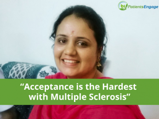 Picture of a woman and the text overly Acceptance is the Hardest with Multiple Sclerosis