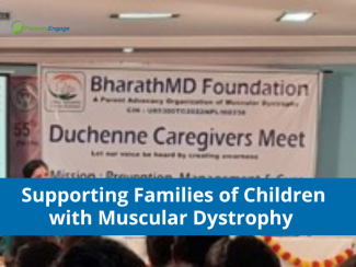 Picture of an event hosted by BharathMD and the text overlay Supporting Families of Childern with Muscular Dystrophy