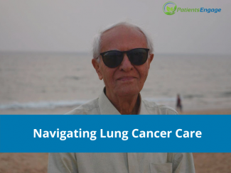 An elderly person with dark glasses on the beach and text overlay on blue banner Navigating lung cancer care 