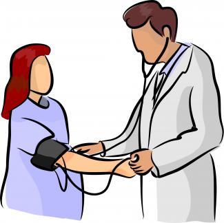 An illustration of a pregnant woman getting her blood pressure checked
