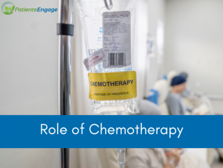 Image of a chemo ward with text overlay on blue strip Role of chemotherapy 