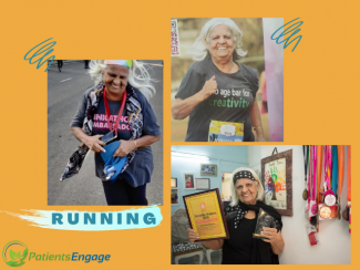 A picture collage of a 76 year old woman who loves to run 