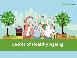 Stock pic of people exercising in the open and the text on a green strip Secret of Healthy Ageing 