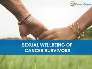 Two people holding hands over a green field and text overlay on blue strip Sexual Wellbeing of Cancer Survivors 