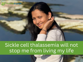 Picture of a young woman in an outdoor setting with text overlay Sickle Cell Thalassemia will not stop me from living my life