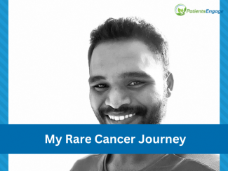 Young man with facial hair in black and white and text overlay on blue strip - My Rare Cancer Journey