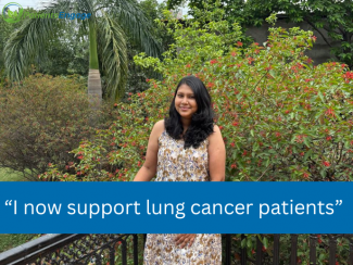 A young woman, rare sarcoma rhabdomyosarcoma survivor in an outdoor setting and the text overlay I now support lung cancer patients