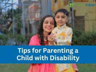 Stock pic of a mother with her son and text overlay on blue strip Tips for Parenting a Child with Disability