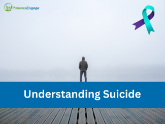 Stock pic of a person in distress and the suicide prevention ribbon and text overlay on a blue strip - Understanding Suicide 