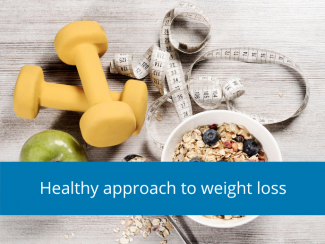 Image of dumbbells, muesli bowl and measuring tape and text healthy approach to weight loss