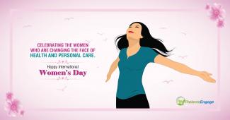 International Women's Day 2019 Poster showing a woman with her arms stretched and a text Celebrating women who are changing the face of health and personal care