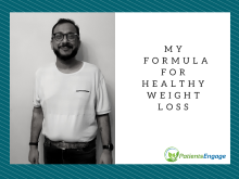 A man in a white tshirt and black trousers with the text - My Formula for healthy weight loss