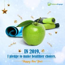 Happy New Year 2019. A pledge for healthier choices with an image of an apple, exercise rope and an exercise or yoga mat