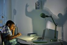 Stock pic showing a young teen on the left scared and traumatised by something on his laptop. There is a lamp that shines directly on the laptop and there is a large shadow on the wall.