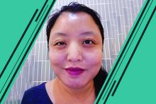 Image of face of Yuna Angel, young singaporean woman looking at the camera, green design effect