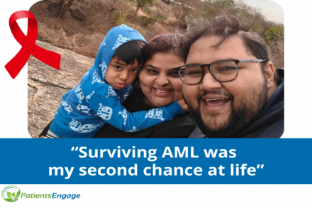 Amit, a survivor of AML with his wife and young son in an outdoor setting and the text overlay Surviving AML was my second chance at life