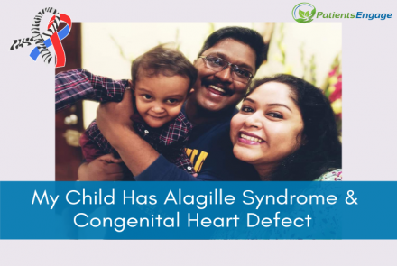A family of parents holding a young child with overlay text on blue background that says My Child Has Alagille Syndrome and Congenital Heart Defect