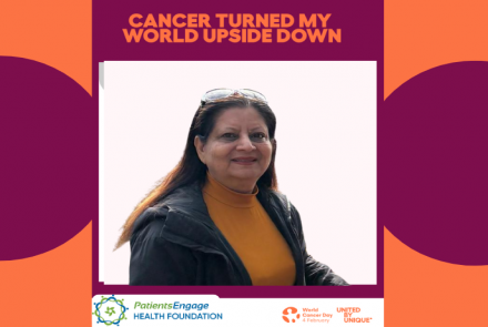 Profile picture of a woman in a black jacket and orange shirt and the text overhead Cancer Turned My World Upside Down 