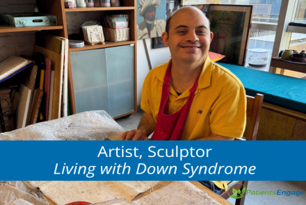 Picture of a young man in his studio with the text Artist Sculptor Living with Down Syndrome on a blue strip