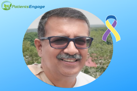 Profile picture of Uday Kerwar Bladder cancer survivor and Ostomy India Chairperson framed in a blue background with the bladder cancer tricolour ribbon
