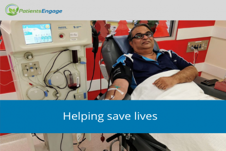 Srinivas donating blood plasma and text overlay that says Helping save lives  