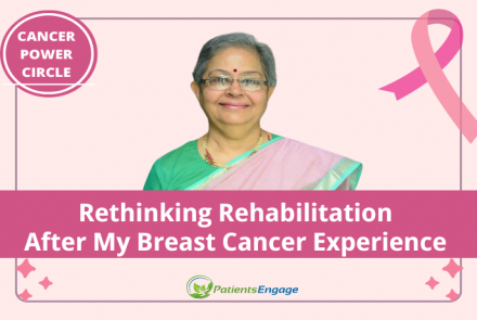 Picture of a breast cancer survivor in a pink sari and green blouse on a pink background with motifs of pink ribbon and pink logo of cancer power circle and text overlay on pink strip Rethinking Rehabilitation after my breast cancer experience 