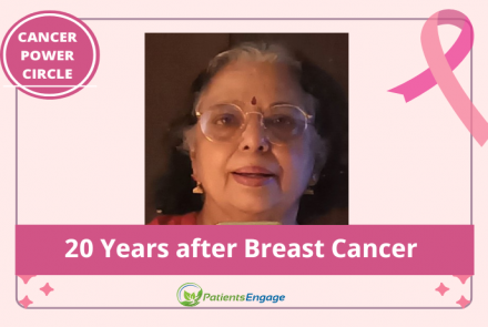 Profile pic of author Rama Sivaram and the text overlay 20 Years after Breast Cancer 