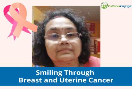 Picture of a woman and text overlay Smiling Thruogh Breast and Uterine Cancer