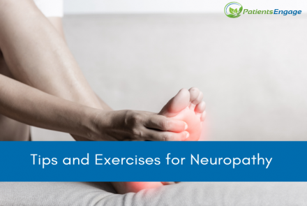 An woman holding her foot in pain and text overlay on blue strip :Tips and Exercises for Neuropathy 