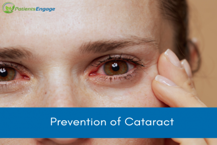 A stock image of a woman with reddish eyes, and text on blue strip: Prevention of Cataract