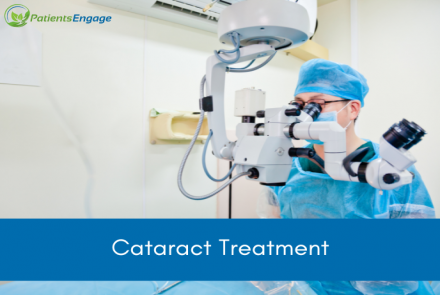 A doctor working with machines and text overlay on blue strip Cataract Treatment 