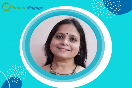Profile pic of cervical cancer survivor in a teal, white and blue frame with the logo of PatientsEngage