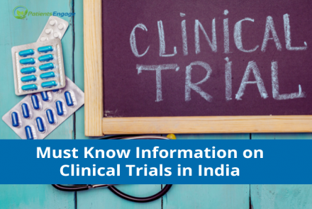 Stock pic which has the text Clinical Trial and some design elements of pills and stethoscope and text overlay Must Know Information on Clinical Trials in India