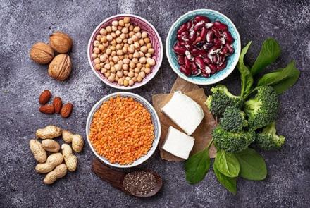 Image: Stock pic of vegetarian source s of protein - bowls of lentils and pulses, tofu, paneer, etc
