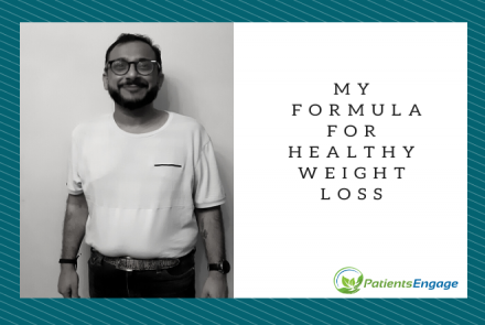 A man in a white tshirt and black trousers with the text - My Formula for healthy weight loss 