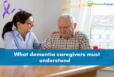 Stock pic of person with dementia and caregiver and overlay text what dementia caregivers must understand