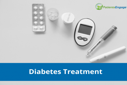 Stock pic of the various forms of diabetes medications delivery options and the text overlay Diabetes Treatment 
