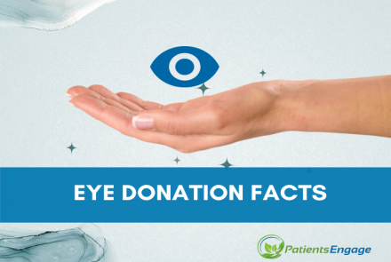 Graphic Image of an eye over a cupped hand and overlay text Eye Donation Facts on a blue strip 
