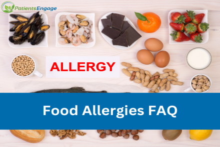 Stock pic of possible food allergens and the text overlay Food Allergies FAQ 