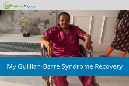 A woman in a fuchsia pyjama suit and text overlay of My Guillian-Barre Syndrome Recovery