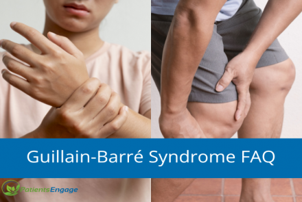 Stock pics of a person with wobbly knees on the right and person holding their wrist on the left with text overlay Guillain Barre Syndrome FAQ